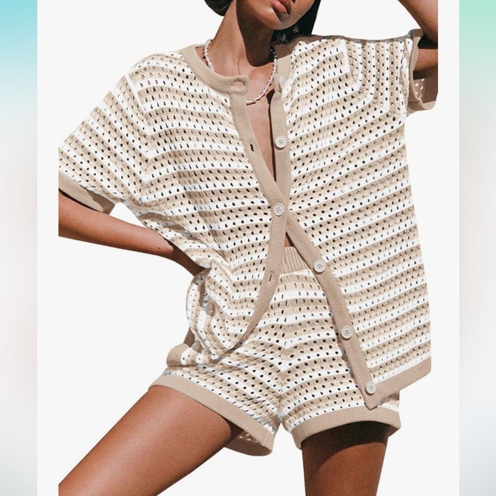 Tan and White Knit Button-Up Swim Cover-Up Set